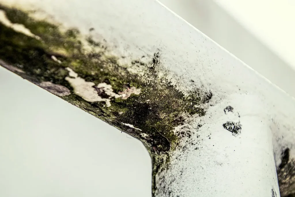 A close-up of a metal sheet covered in moss.